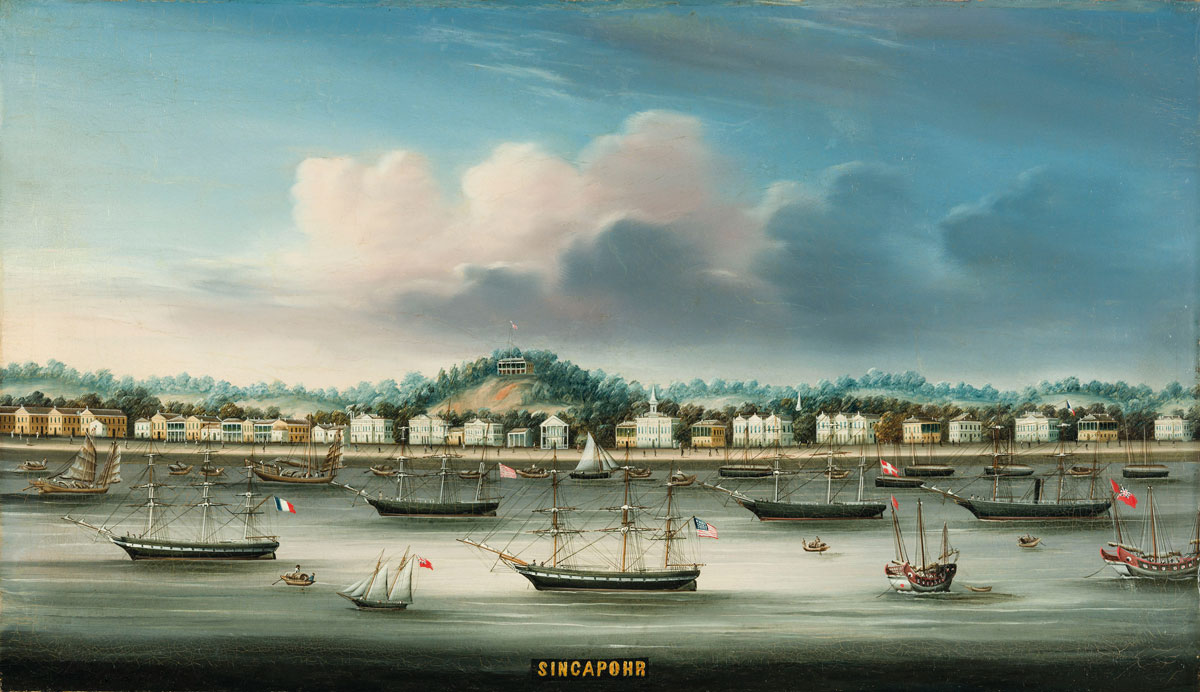 Singapohr. French, British, American, Danish and Chinese shipping at anchor in the roads, Chinese School, c.1850
