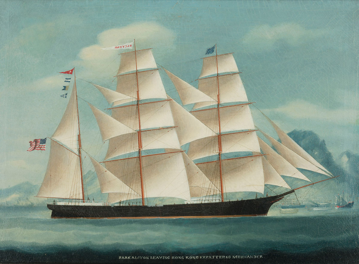 The American Barque Alcyon leaving Hong Kong, Chinese School, c.1875